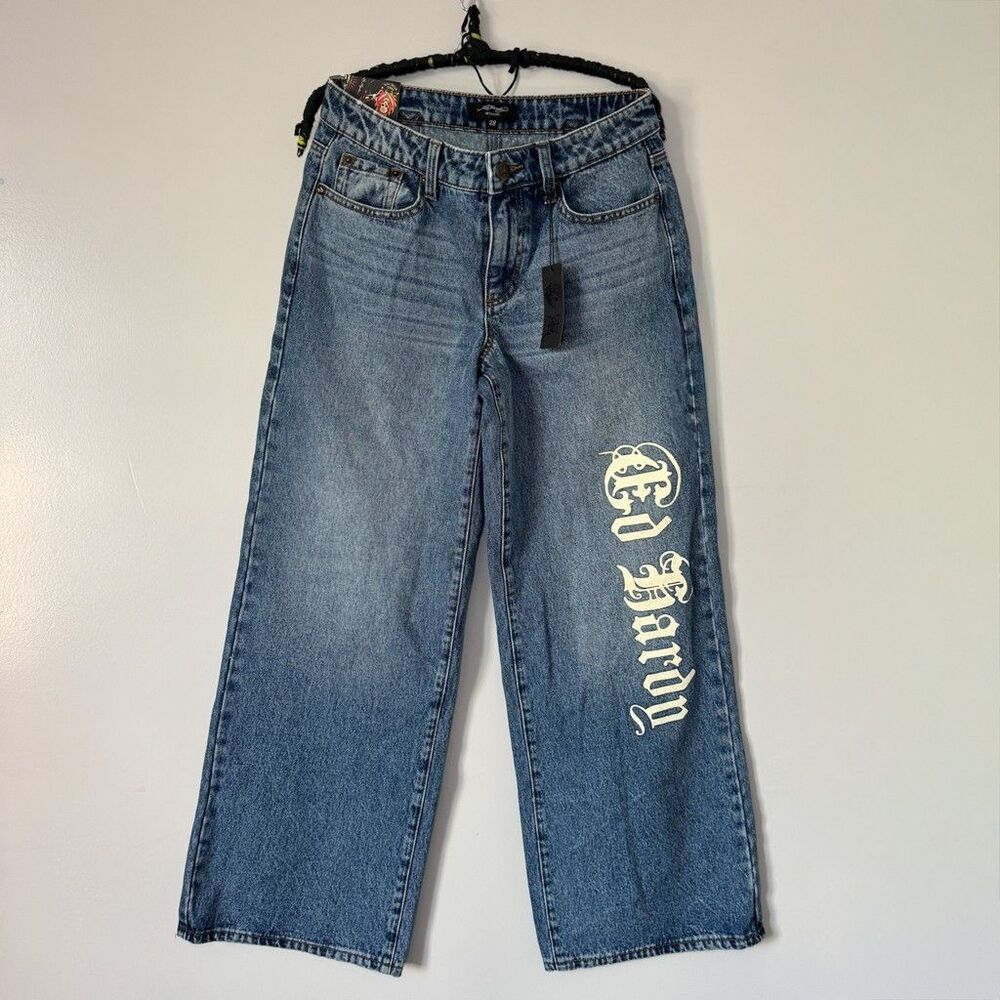 Sick NWT Ed Hardy Wide Leg Low Rise Blue Embroidered Buckle Jeans Sz 28w